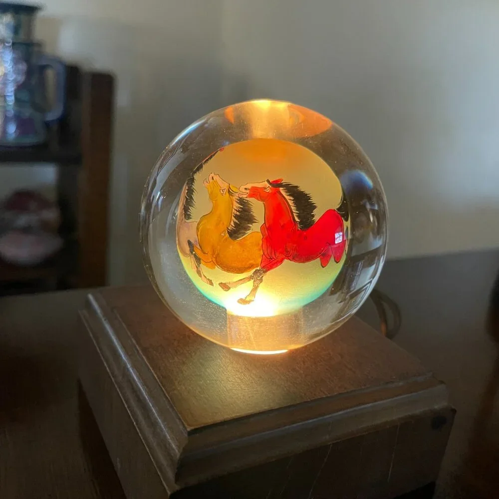 Vintage Chinese Reverse Painting Running Horses Night Light Globe